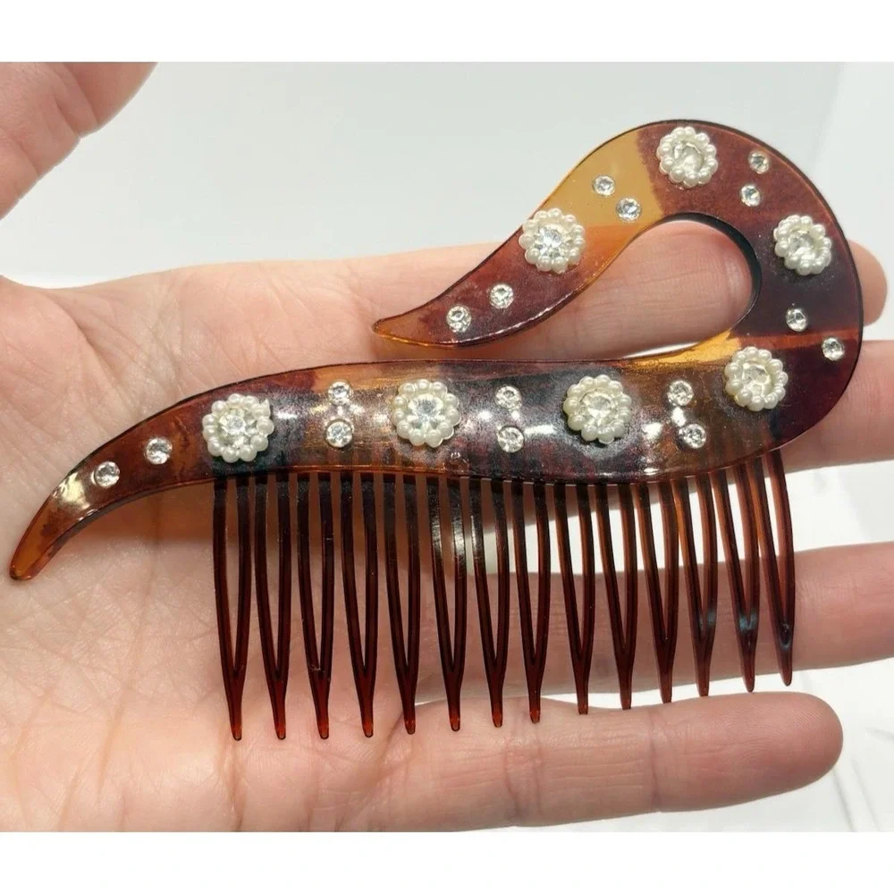 Vintage 1920s Celluloid Art‎ Deco Hair Comb Faux Tortoise Shell Rhinestone USA